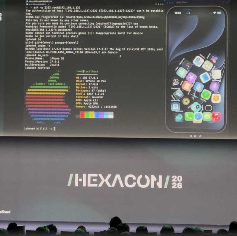 安全公司Calif展示iPhone 18 Pro完美越狱演示安全公司Calif在巴黎的活动中展示了iPhone 18 Pro的完美越狱（Untethered Jailbreak）